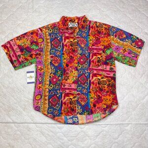 Vtg 90s Company One Cotton Button Up Shirt Shoulder Pads Funky Boho Dopamine Art